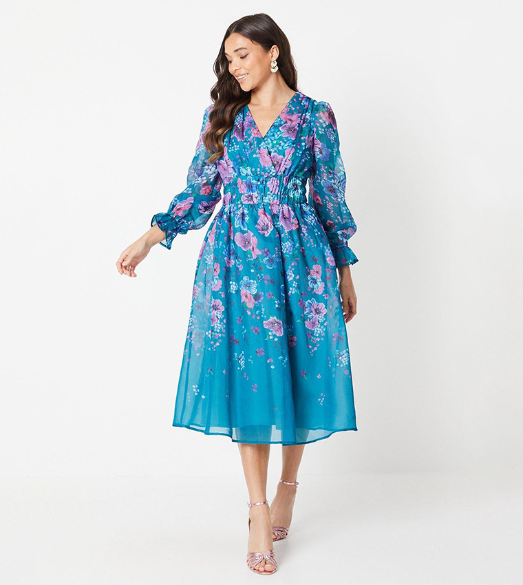 Buy Coast Petite Printed Blouson Sleeves Organza Midi Dress In