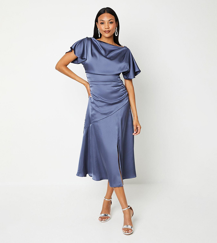 Solid Boat Neck Satin Midi Dress