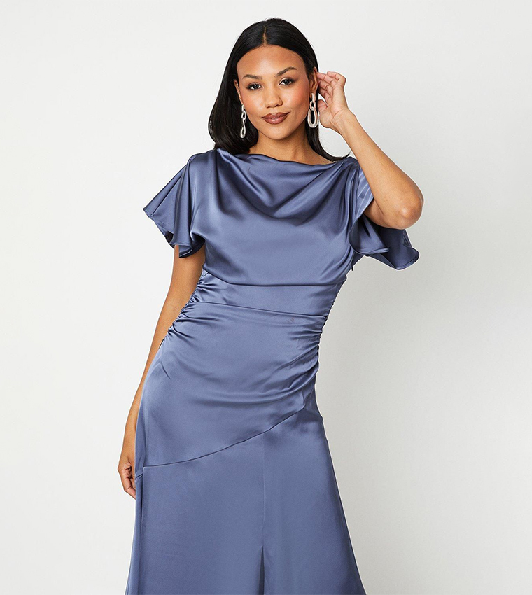 Solid Boat Neck Satin Midi Dress