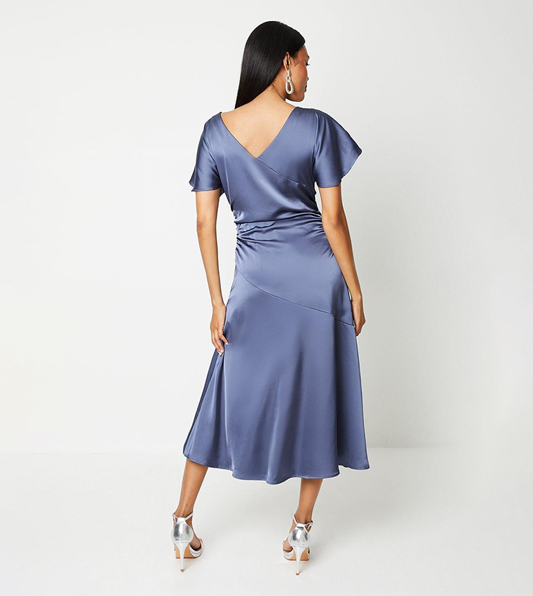 Solid Boat Neck Satin Midi Dress