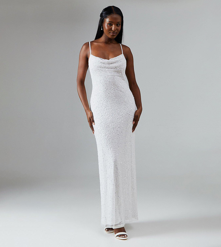 Sequined Strappy Cowl Back Wedding Dress