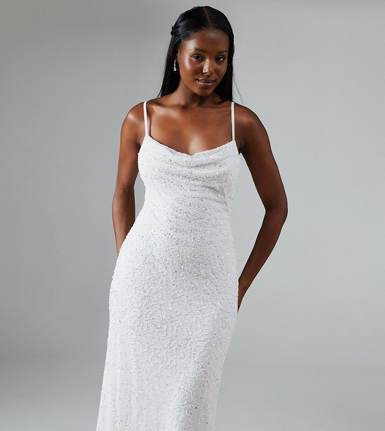 Sequined Strappy Cowl Back Wedding Dress