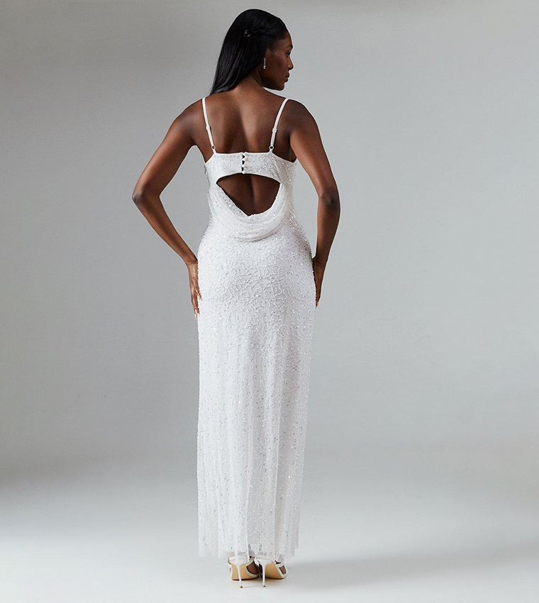 Sequined Strappy Cowl Back Wedding Dress