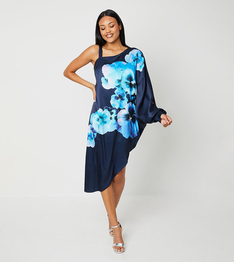 Buy Coast Floral Print One Shoulder Drape Dress In Navy 6thStreet Kuwait