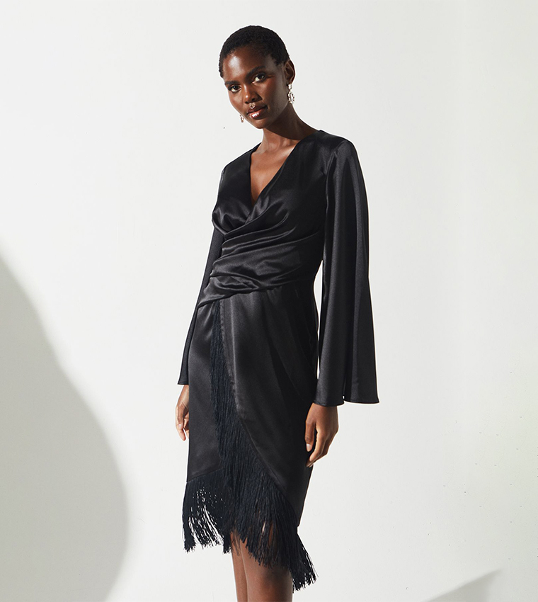 Satin Fringe Hem Wrap Waist Midi Dress