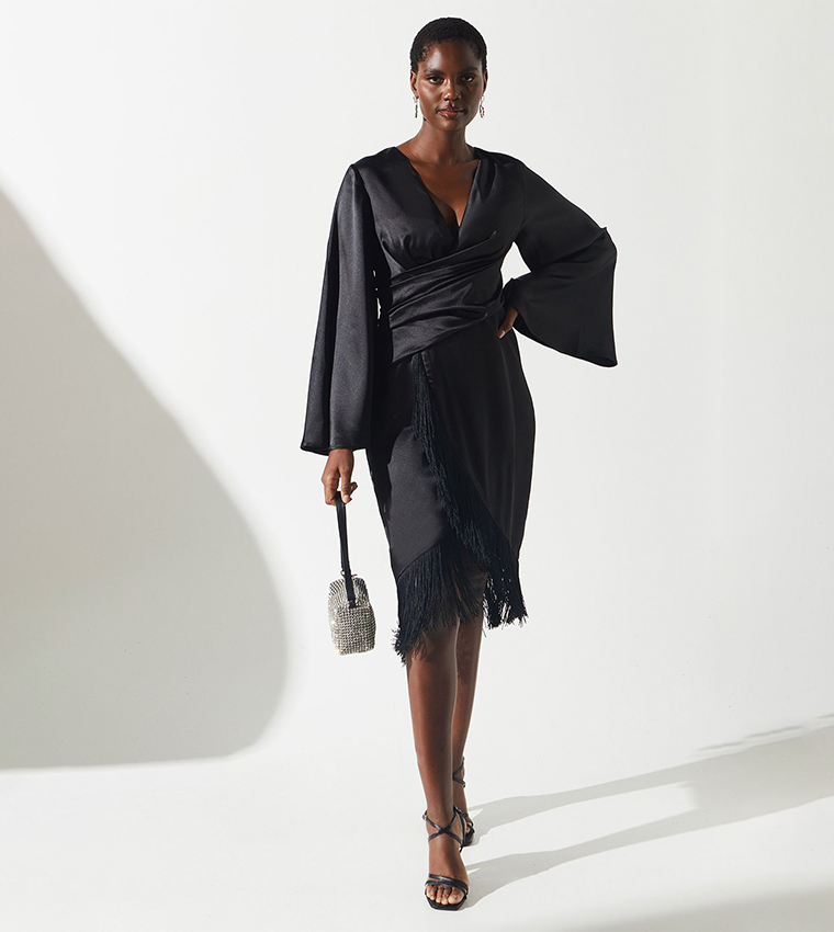 Satin Fringe Hem Wrap Waist Midi Dress