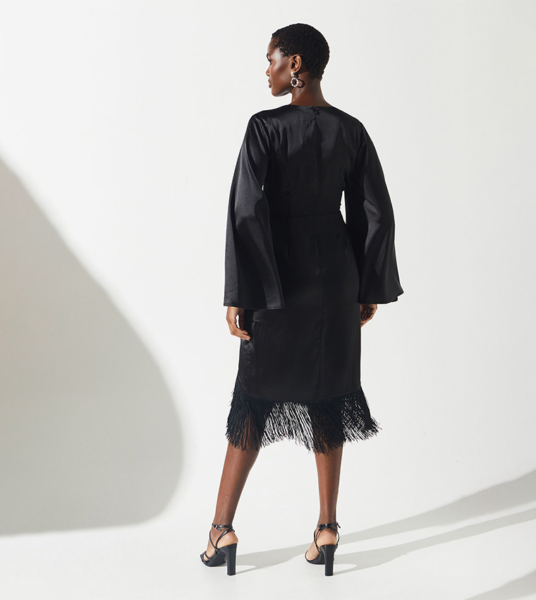 Satin Fringe Hem Wrap Waist Midi Dress