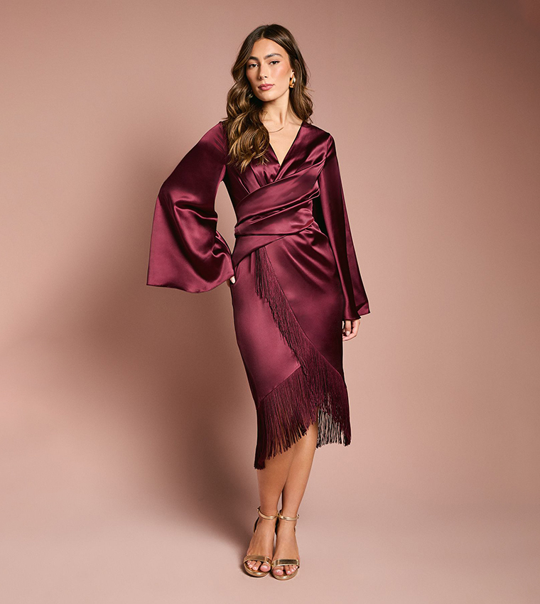 Buy Coast Satin Fringe Hem Wrap Waist Midi Dress In Burgundy | 6thStreet  Qatar
