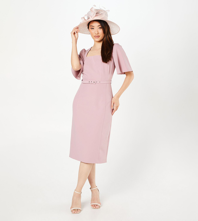 Crepe Short Sleeves Pencil Midi Dress