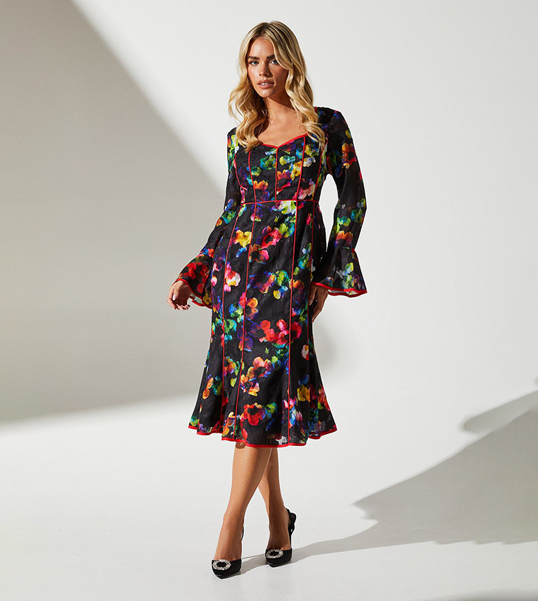 فستان ميدي مطبوع بأكمام طويلة بطبعة زهور للمقاسات الصغيرة  