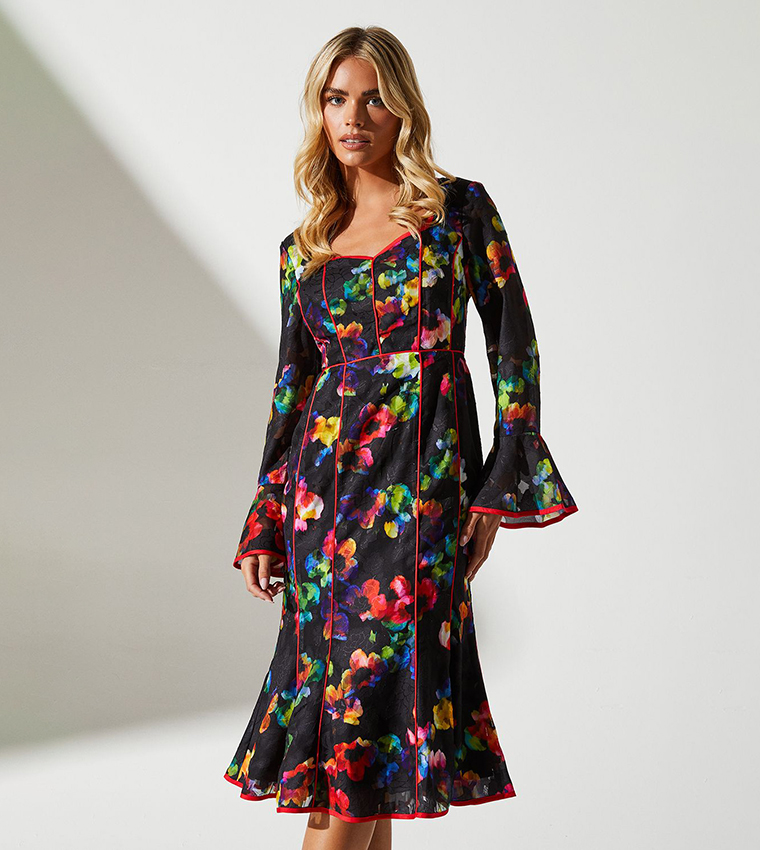 فستان ميدي مطبوع بأكمام طويلة بطبعة زهور للمقاسات الصغيرة  