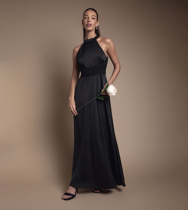 Wrap Waist Detail Satin Halterneck Maxi Bridesmaid Dress