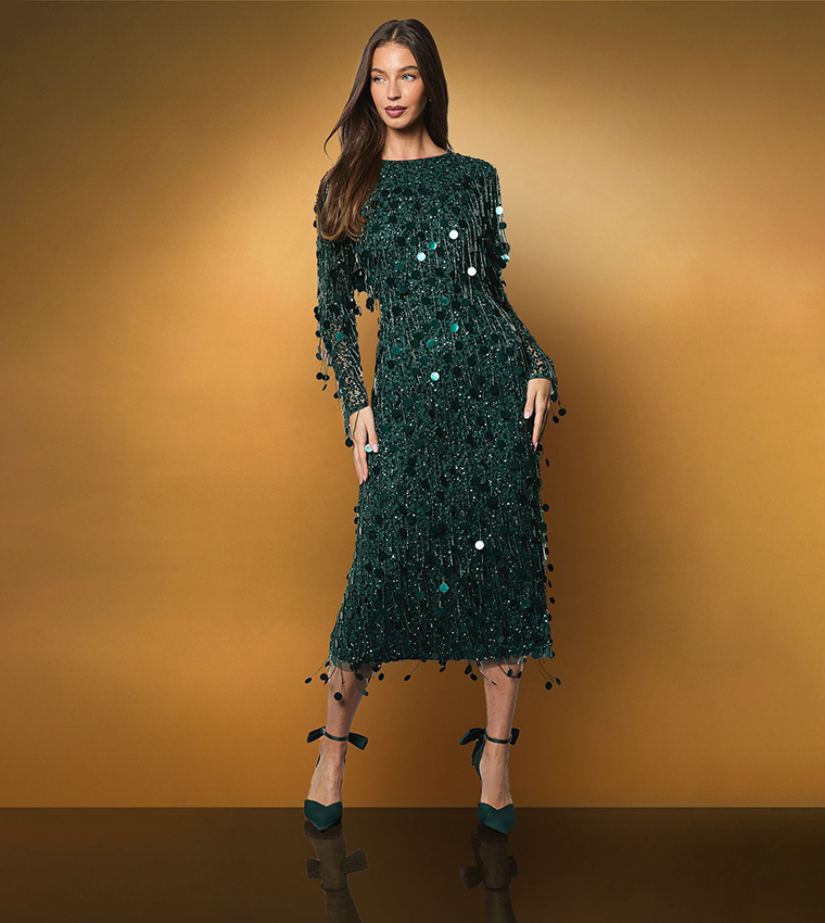 Buy Coast Sequined Long Sleeves Midi Party Dress In Green | 6thStreet Kuwait