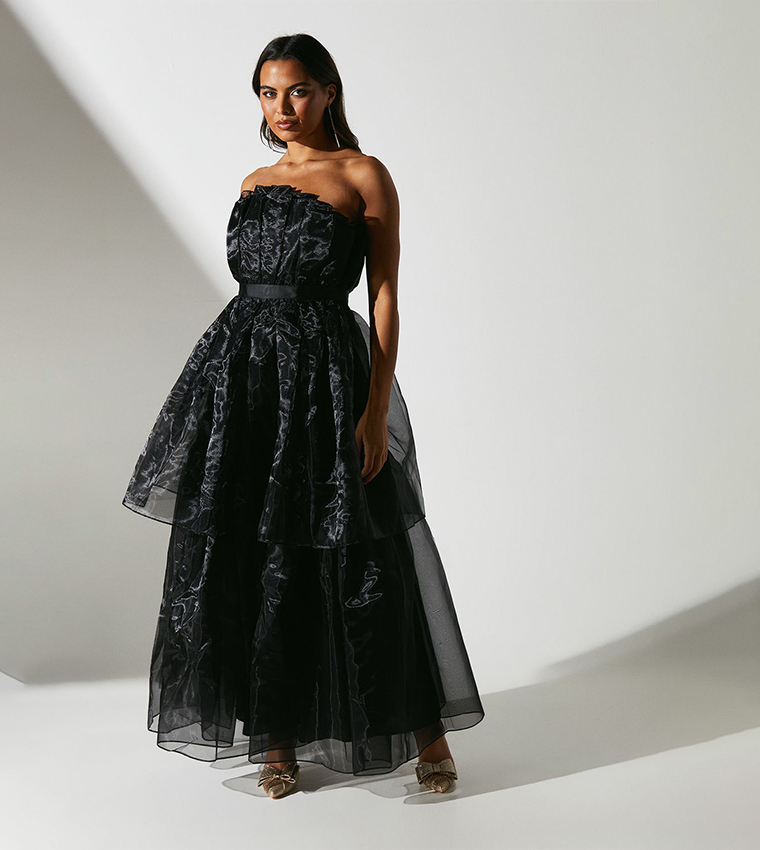 Strapless Organza Fan Bodice Maxi Party Dress