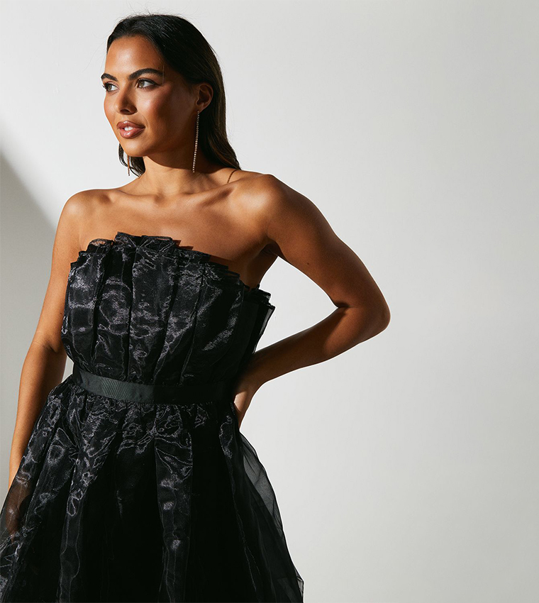 Strapless Organza Fan Bodice Maxi Party Dress