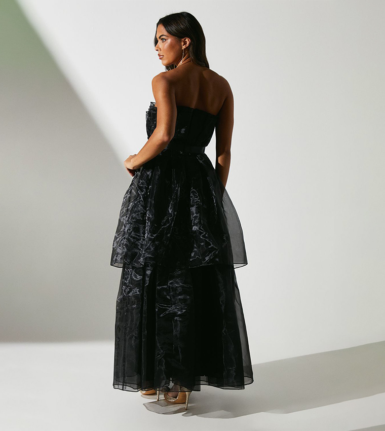 Strapless Organza Fan Bodice Maxi Party Dress