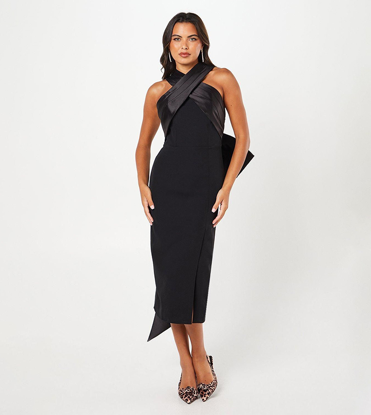 Cross Over Front Bow Back Midi Dress