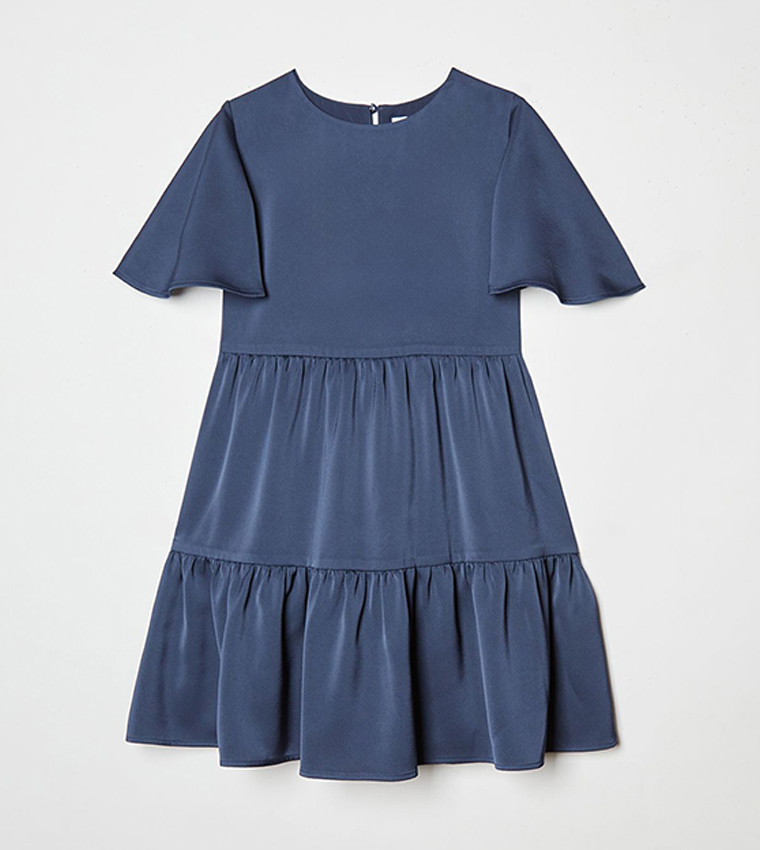 Solid Flared Sleeves Tiered Dress