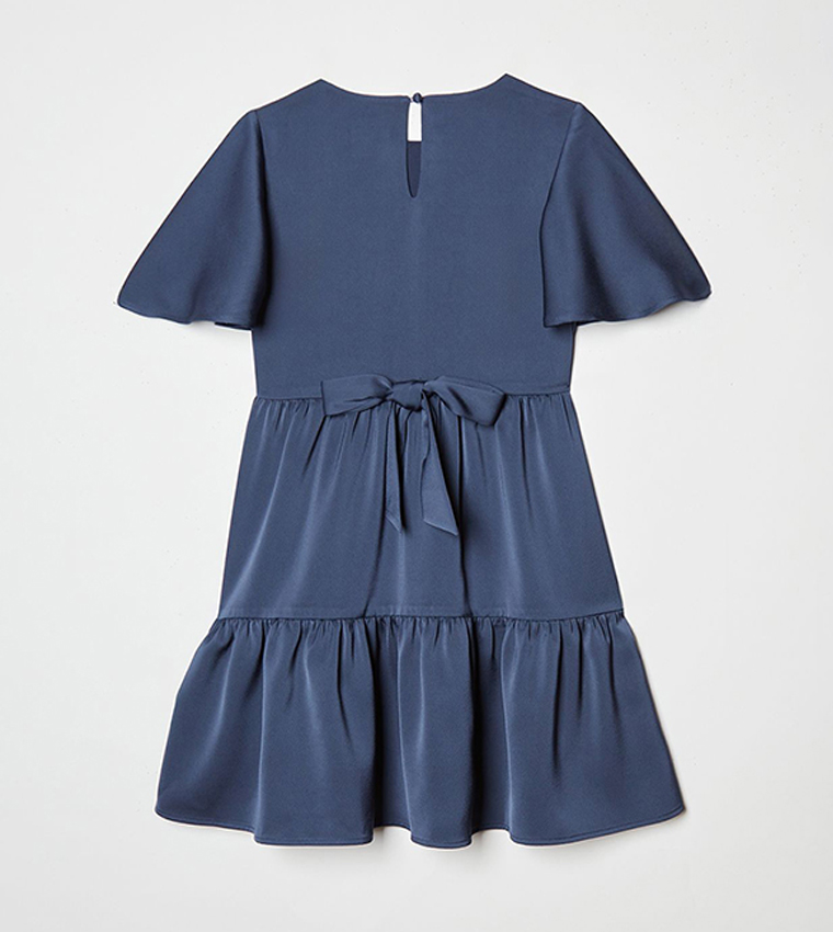 Solid Flared Sleeves Tiered Dress