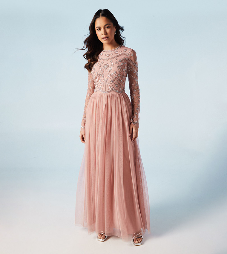 Embellished Mesh Two In One Bridesmaid Maxi Dress