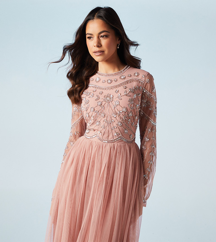 Embellished Mesh Two In One Bridesmaid Maxi Dress