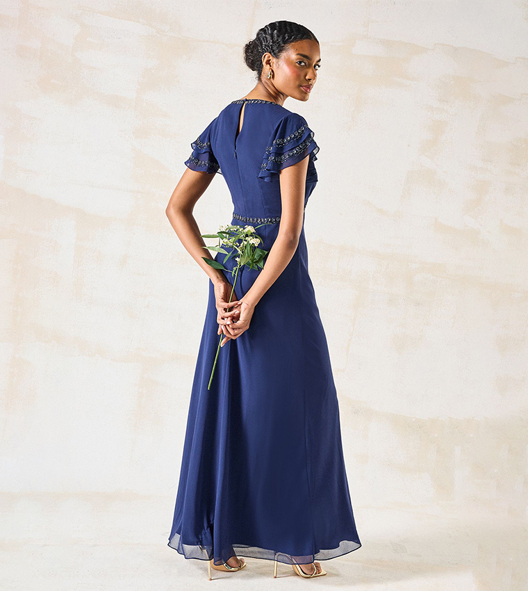 Trim Detail V-Neck Flutter Sleeves Bridesmaids Maxi Dress