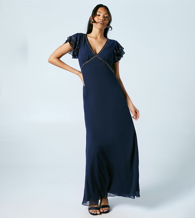 Trim Detail V-Neck Flutter Sleeves Bridesmaids Maxi Dress