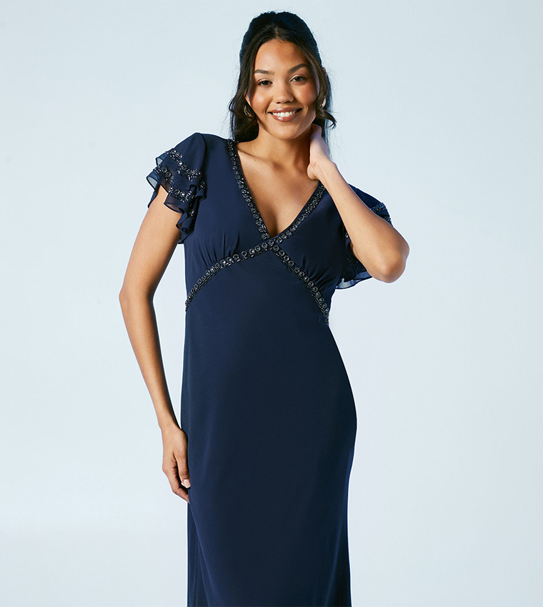 Trim Detail V-Neck Flutter Sleeves Bridesmaids Maxi Dress