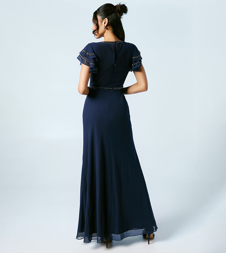 Trim Detail V-Neck Flutter Sleeves Bridesmaids Maxi Dress