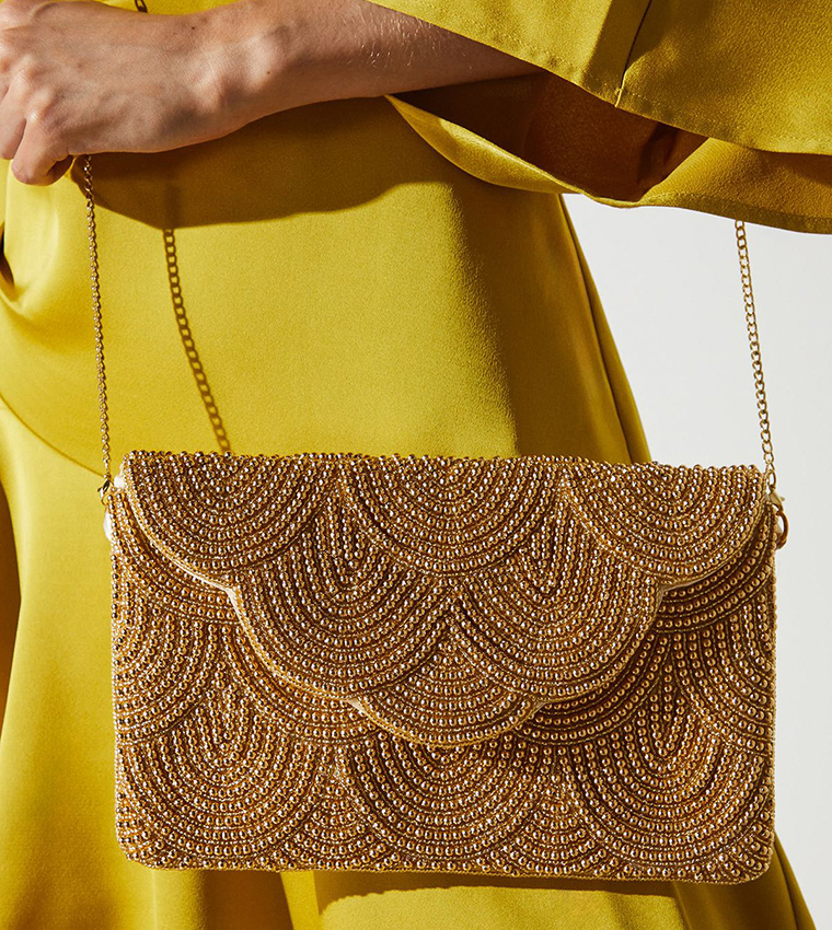 Pearl Beaded Scallop Clutch Bag with Shoulder Strap
