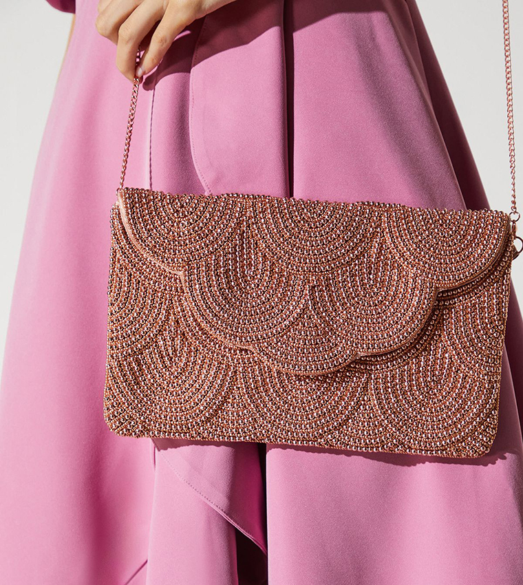 Pearl Beaded Scallop Clutch Bag with Shoulder Strap