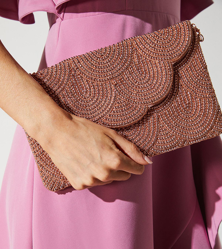 Pearl Beaded Scallop Clutch Bag with Shoulder Strap