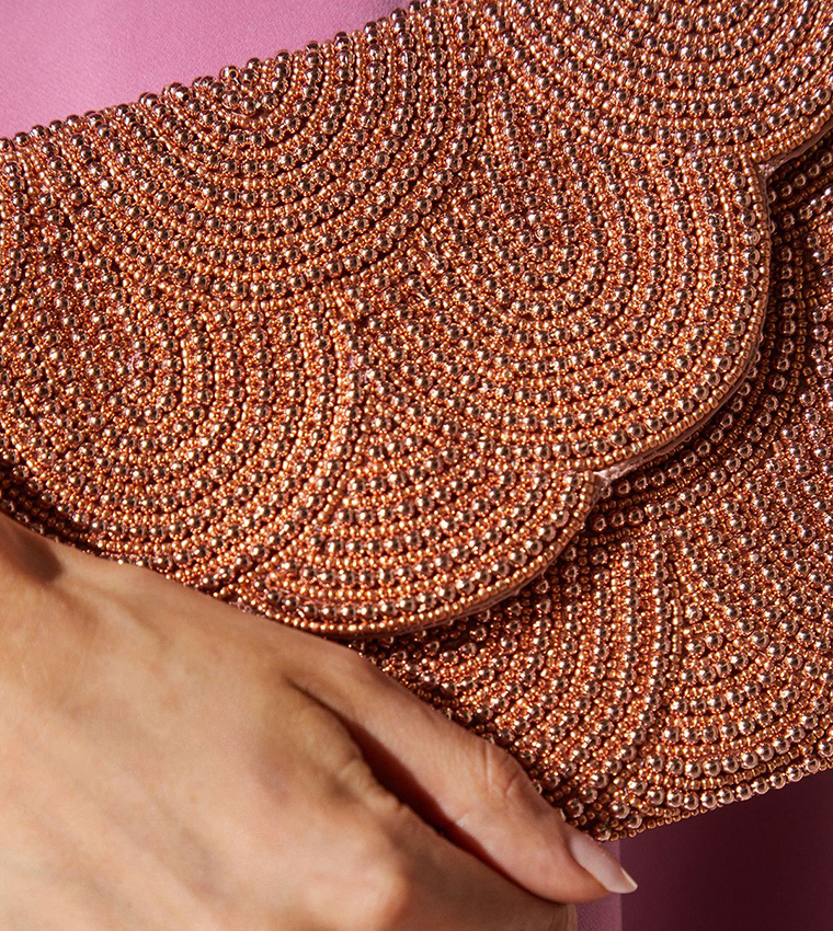 Pearl Beaded Scallop Clutch Bag with Shoulder Strap