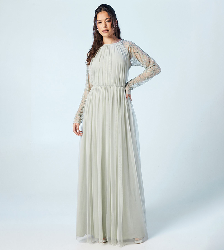 Sheer Embellished Sleeves Mesh Bridesmaids Maxi Dress