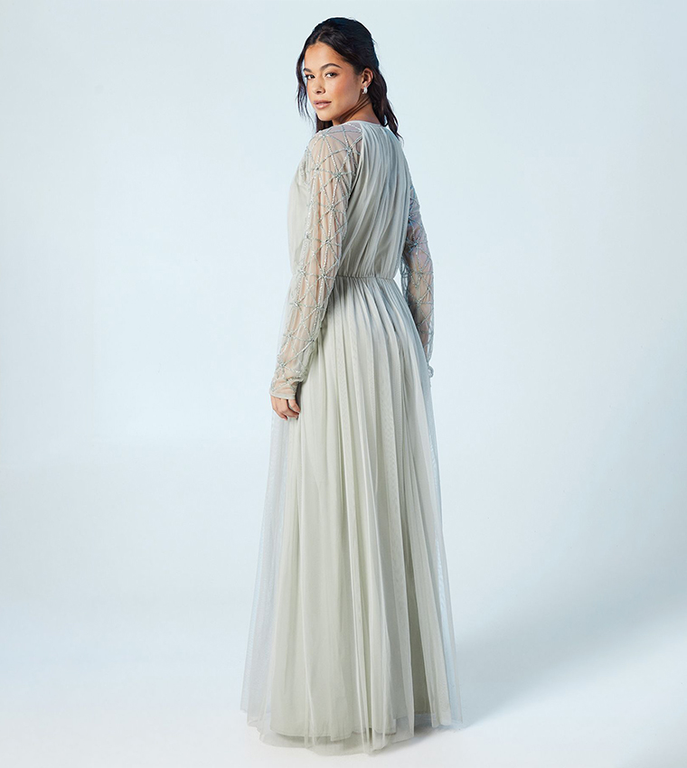 Sheer Embellished Sleeves Mesh Bridesmaids Maxi Dress