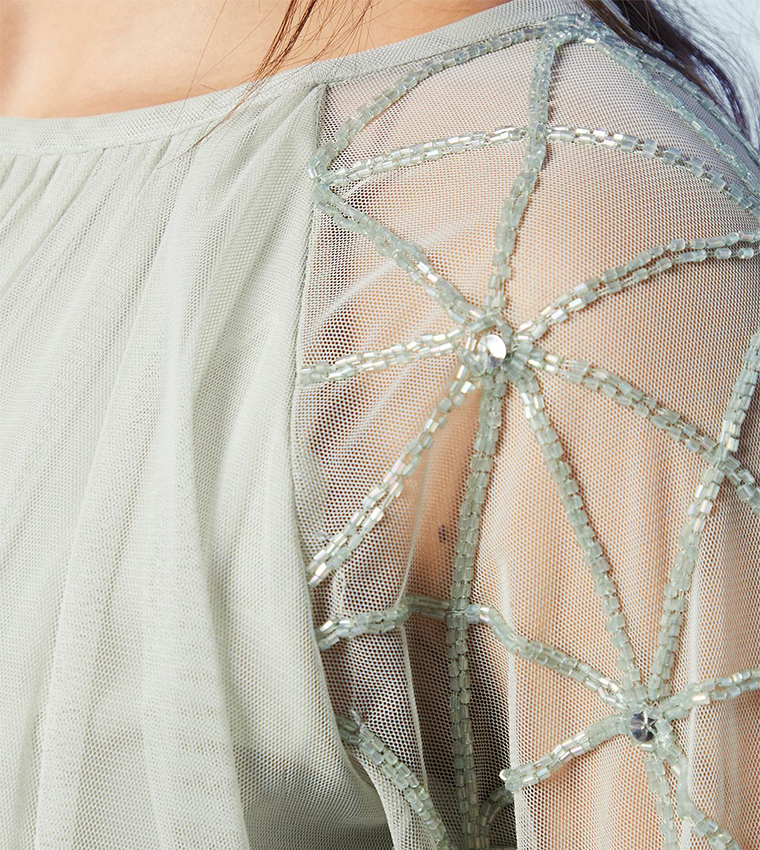 Sheer Embellished Sleeves Mesh Bridesmaids Maxi Dress