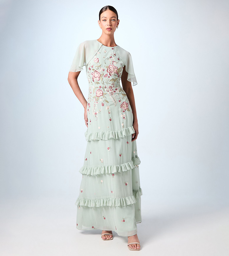 Embroidered Floral Cape Detail Tiered Bridesmaid Dress