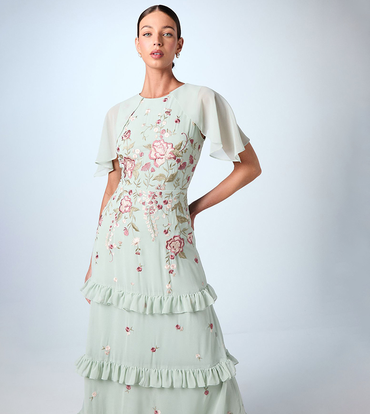 Embroidered Floral Cape Detail Tiered Bridesmaid Dress