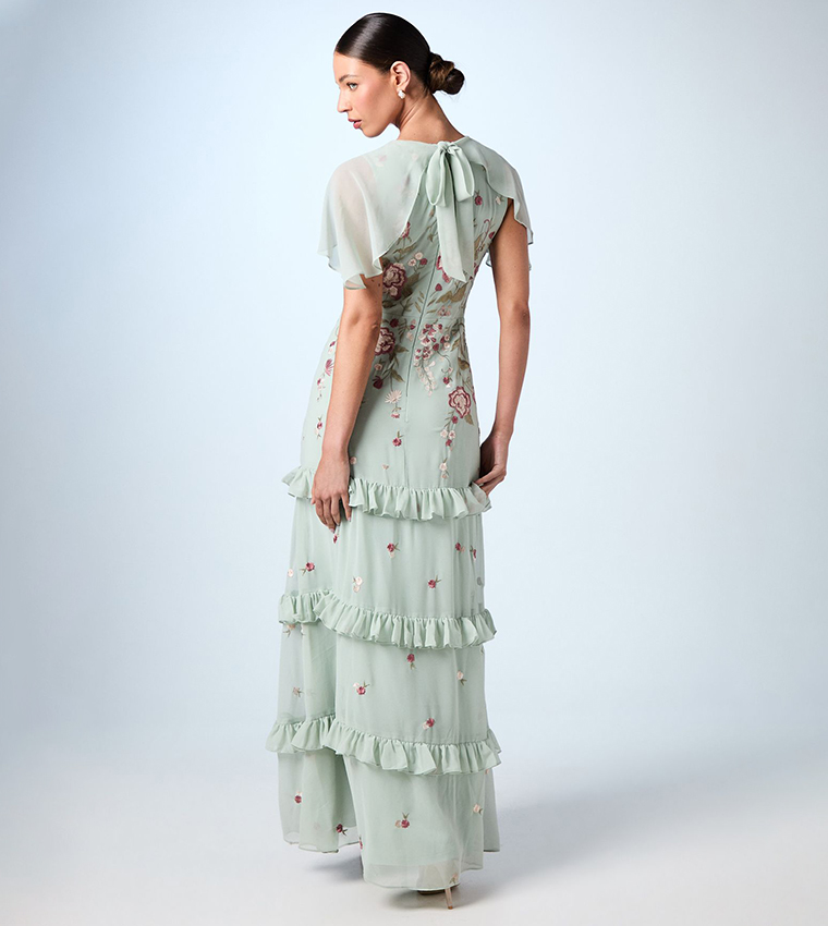 Embroidered Floral Cape Detail Tiered Bridesmaid Dress