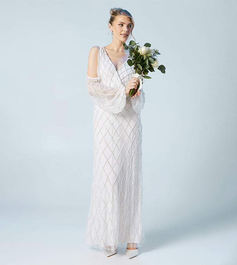 Geometric Embellished Cold Shoulder Maxi Wedding Dress