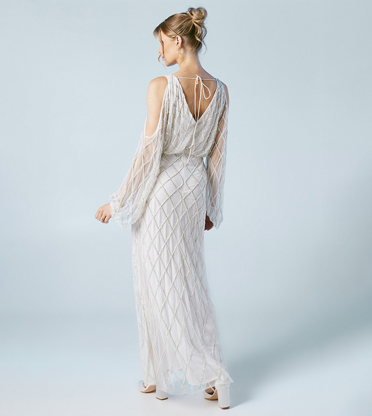 Geometric Embellished Cold Shoulder Maxi Wedding Dress