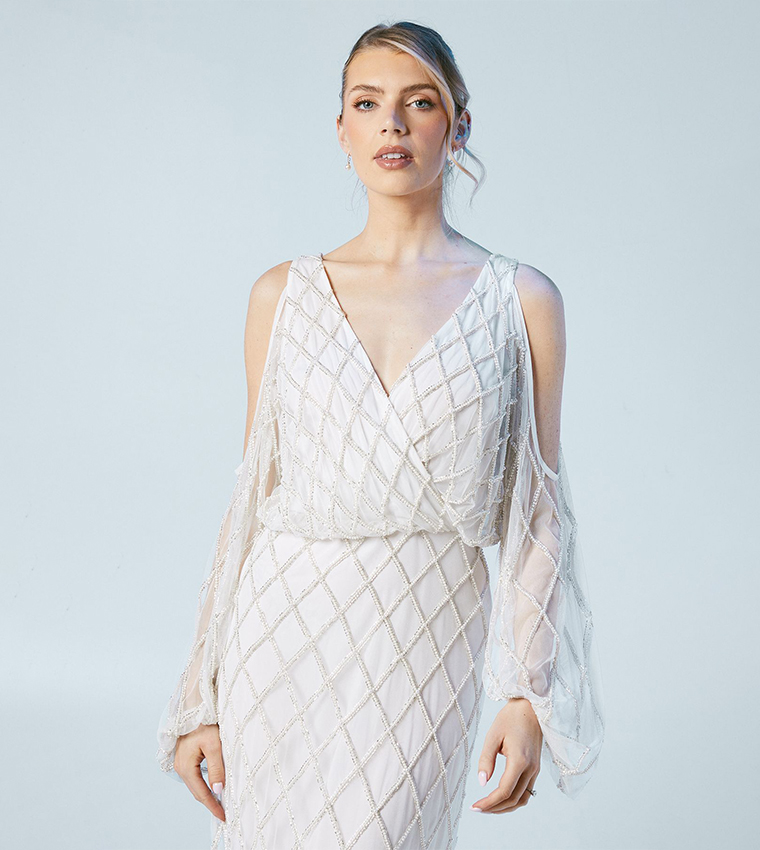 Geometric Embellished Cold Shoulder Maxi Wedding Dress