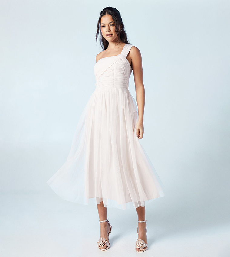 One Shoulder Mesh Bridesmaids Midi Dress
