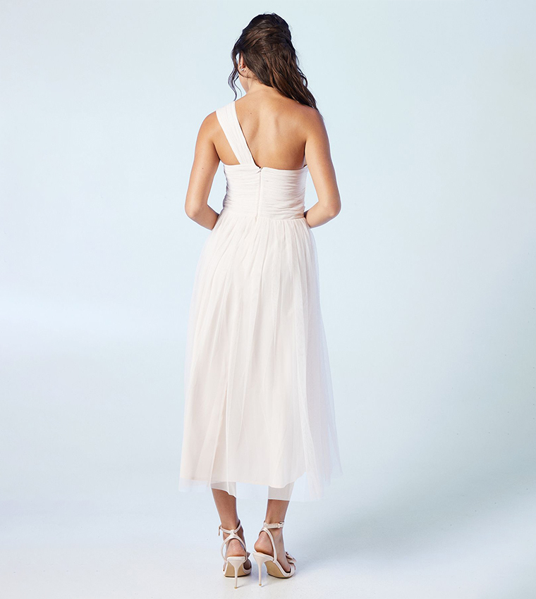 One Shoulder Mesh Bridesmaids Midi Dress