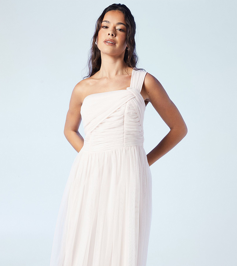 One Shoulder Mesh Bridesmaids Midi Dress