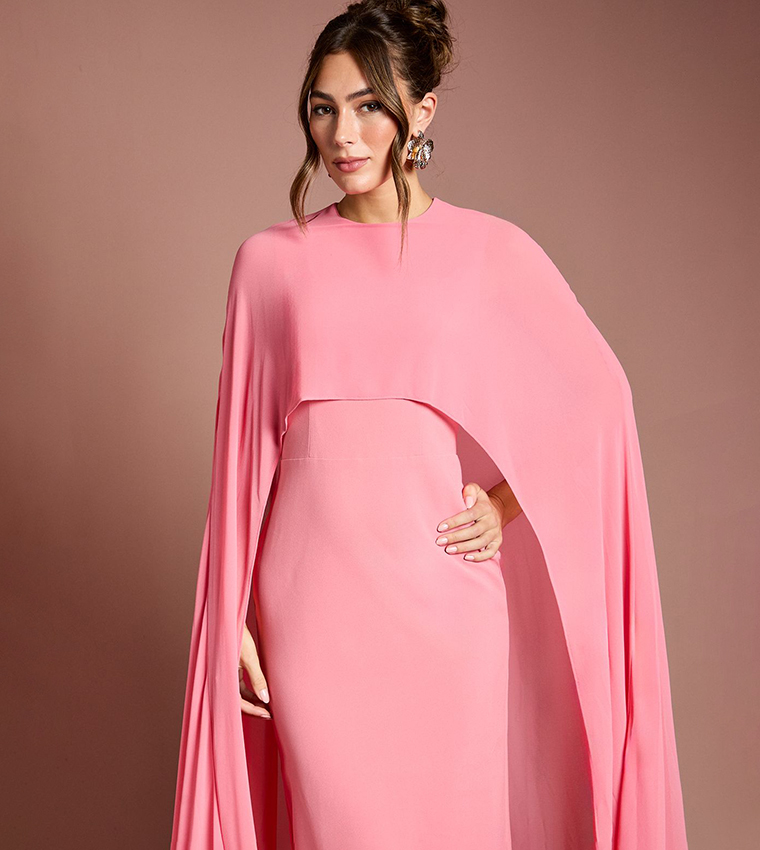 Solid Cape Sleeves Maxi Party Dress