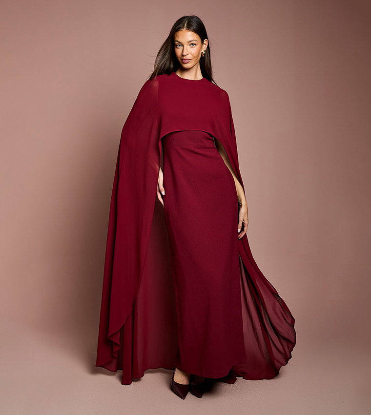 Solid Cape Sleeves Maxi Party Dress
