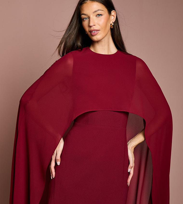 Solid Cape Sleeves Maxi Party Dress