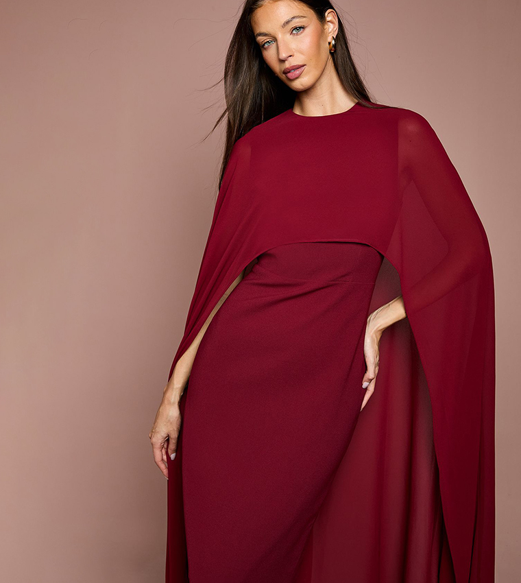 Solid Cape Sleeves Maxi Party Dress