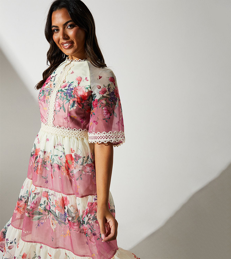 Floral Printed Tiered Lace Trim Midi Dress